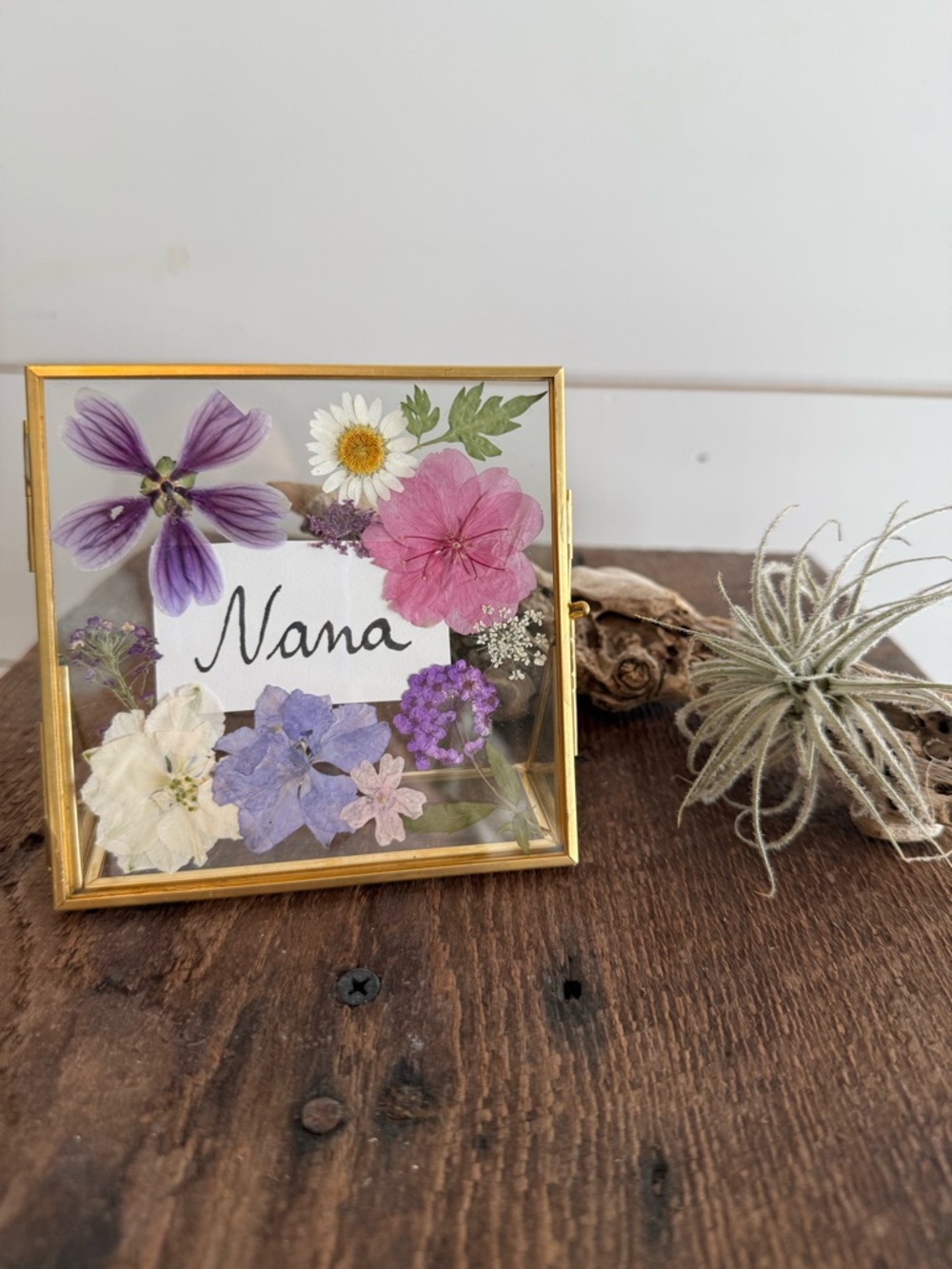 Hand Crafted Gold Glass Frame with Purple, Pink and Cream Pressed Flowers
